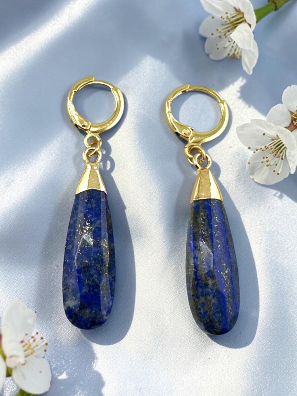 Lapis Lazuli Earrings 18K Gold Filled Hoops Faceted Blue Gemstone Drops - Picture 5 of 10